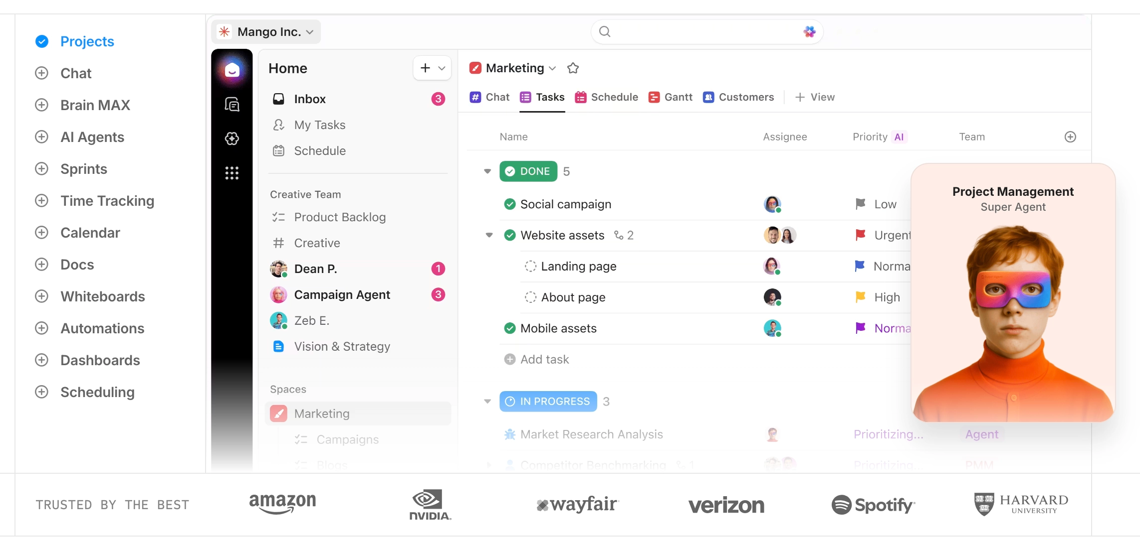 Marketing dashboard for Mango Inc. showing task management, AI agents, and a "Project Management Super Agent" avatar.