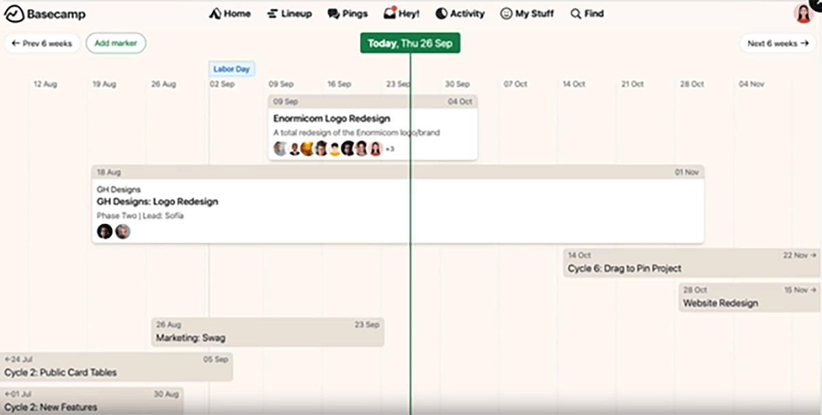 Basecamp Lineup view showing a project timeline for logo and website redesigns, with a marker for Thursday, Sept 26.