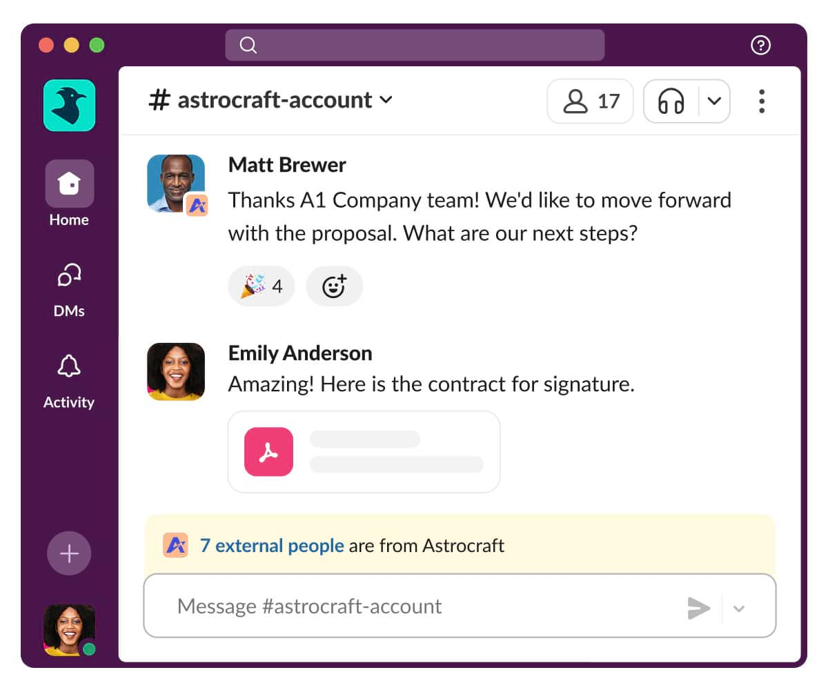 Slack interface showing Matt and Emily discussing a contract proposal in the #astrocraft-account channel.
