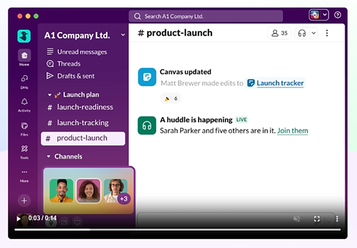 Slack interface for A1 Company Ltd. showing a live huddle and canvas updates in the #product-launch channel.
