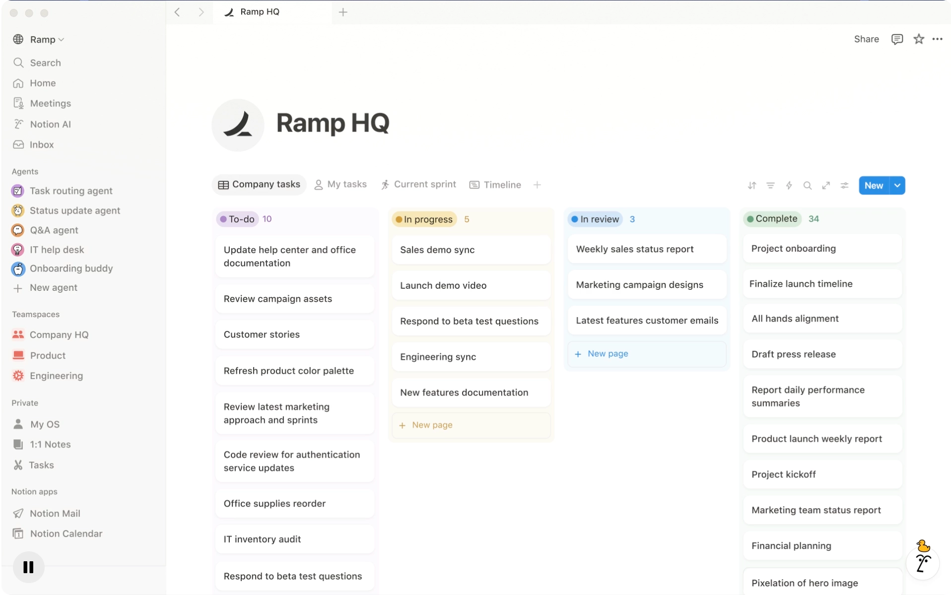 Notion interface for Ramp HQ showing a board with task columns for To-do, In progress, In review, and Complete.