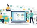 An illustration of remote workers connecting digitally via laptops and tablets around a large central screen.