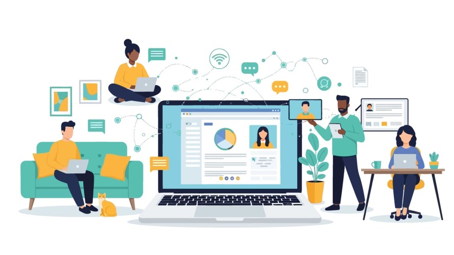 An illustration of remote workers connecting digitally via laptops and tablets around a large central screen.