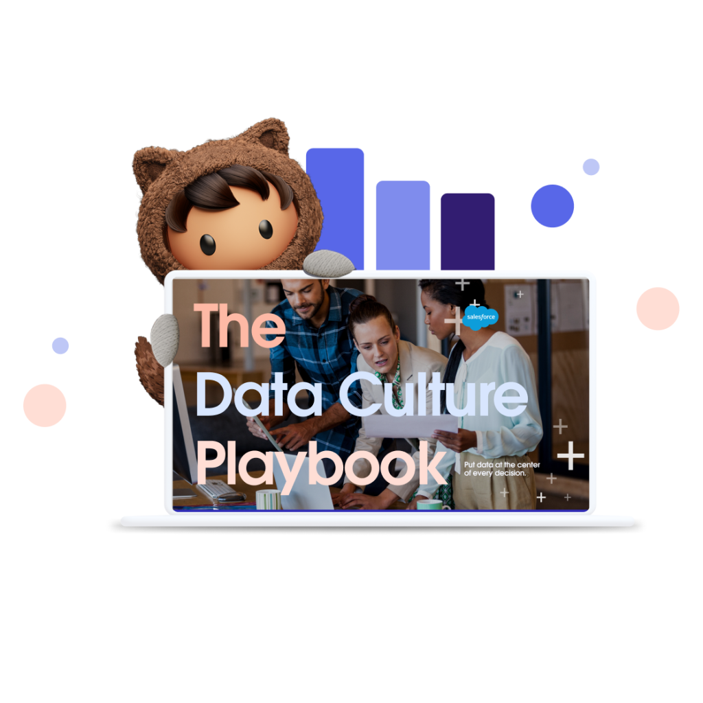 Salesforce promo graphic for "The Data Culture Playbook" featuring Astro and colleagues reviewing data.