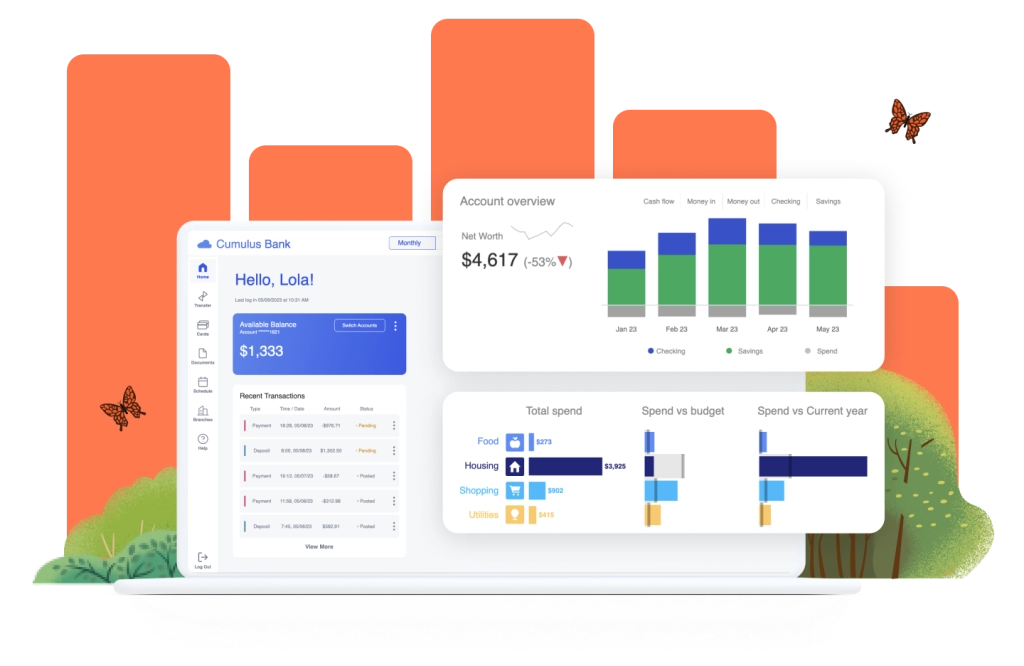 Dashboard for Cumulus Bank on a laptop showing account overview, net worth, and spending visualisations.