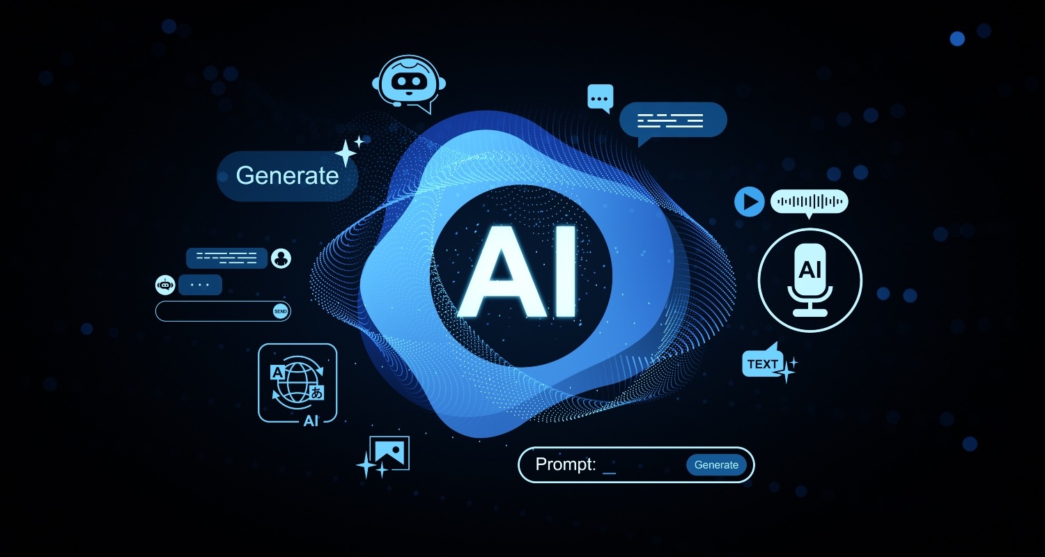 AI technology concept interface with glowing icons and blue abstract wave pattern on blurred futuristic background in digital 3D rendering style.