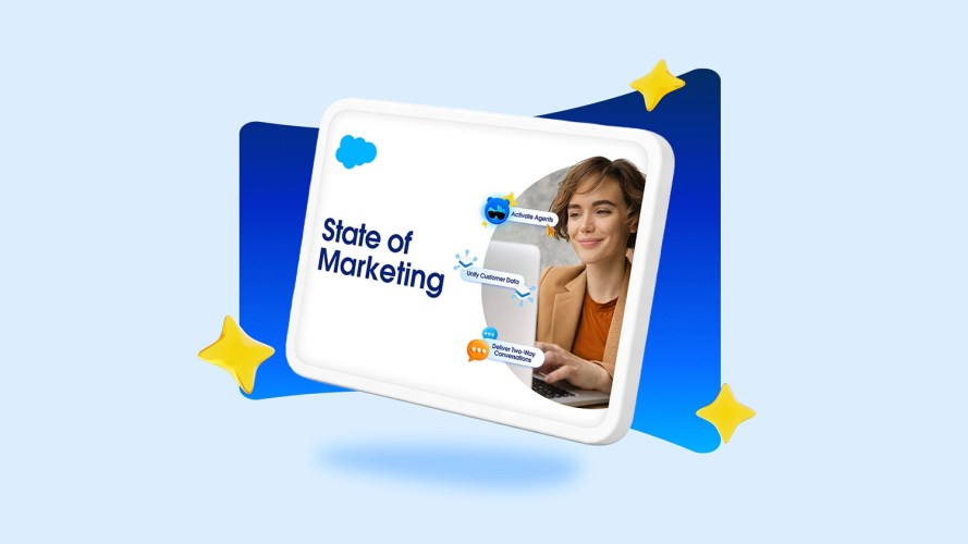Salesforce "State of Marketing" report featuring AI-driven customer data and agents.