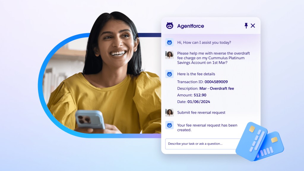 Smiling woman holding a smartphone next to an Agentforce chat interface resolving an overdraft fee reversal.