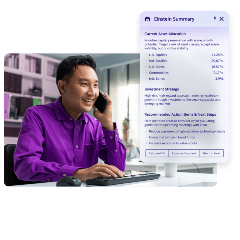 Man on a phone call at a computer, with an overlay of a Salesforce Einstein Summary showing financial analysis.