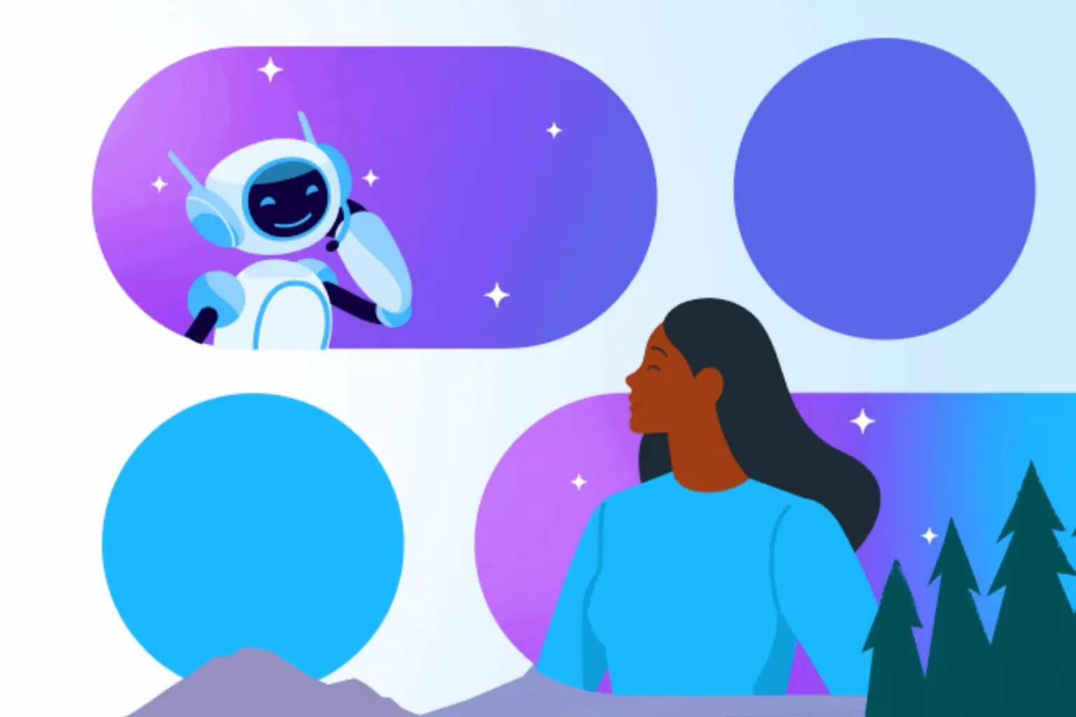 Illustration of a woman in profile looking toward a smiling AI bot inside a purple capsule.