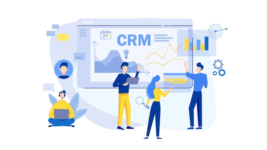 Illustration of a team analysing a CRM dashboard with charts, growth graphs, and customer support icons.