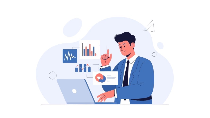 Illustration of a businessman working at a laptop with floating data charts and analytics icons.