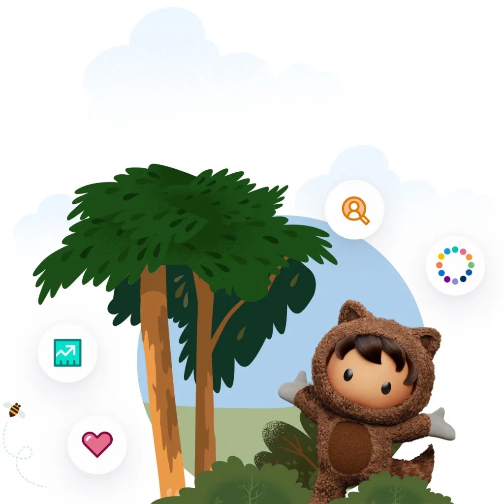 Salesforce Astro standing in a forest next to a tree surrounded by floating feature icons.