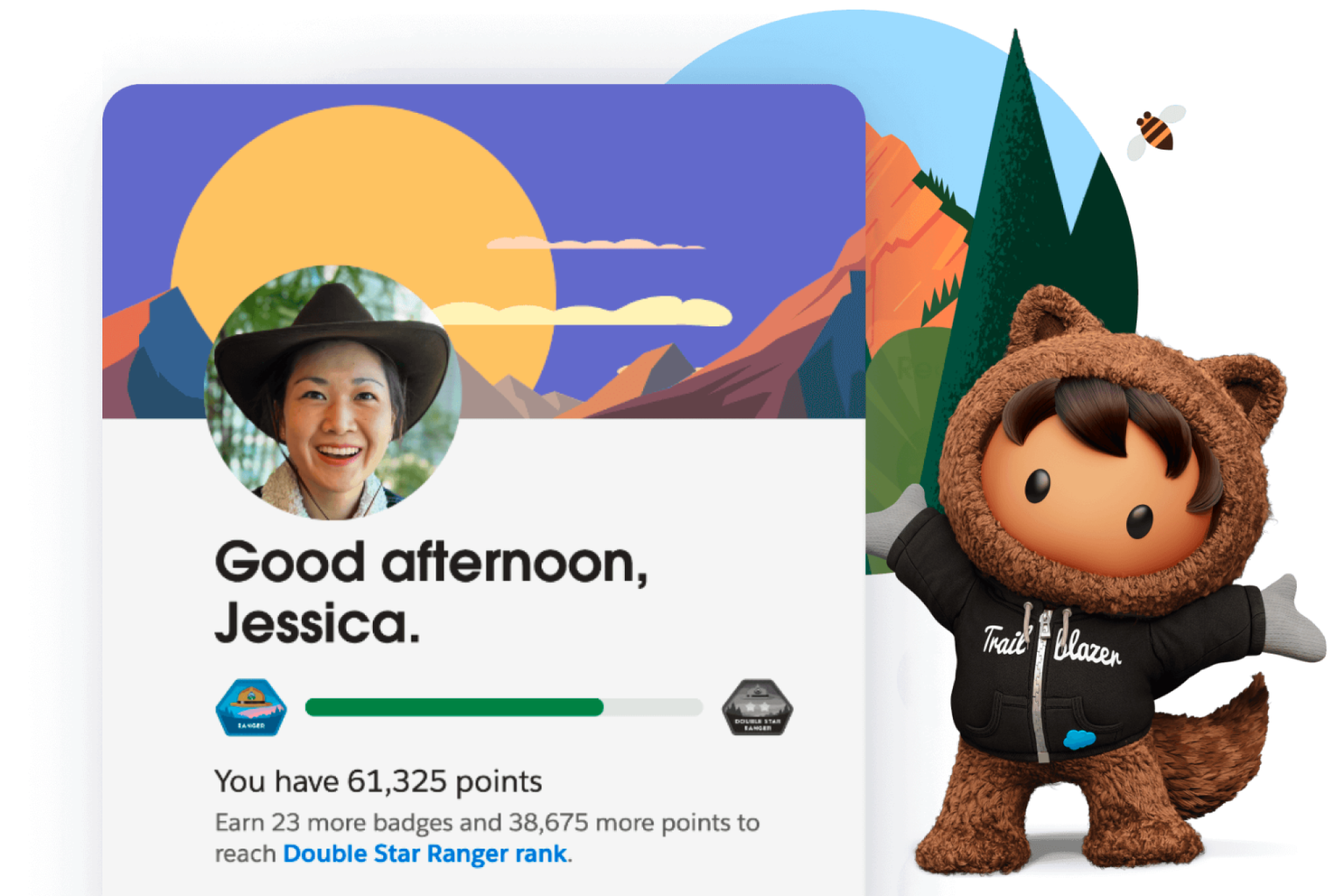Trailhead profile card for Jessica with 61,325 points alongside Salesforce Astro in a Trailblazer hoodie.