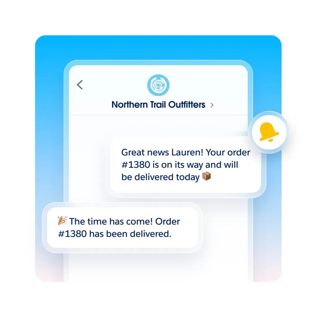 Northern Trail Outfitters chat notifications confirming order #1380 is on its way and delivered to Lauren.