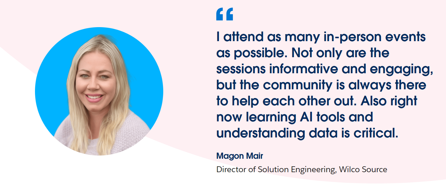 Quote card featuring Magon Mair of Wilco Source on attending in-person events and learning AI tools and data.