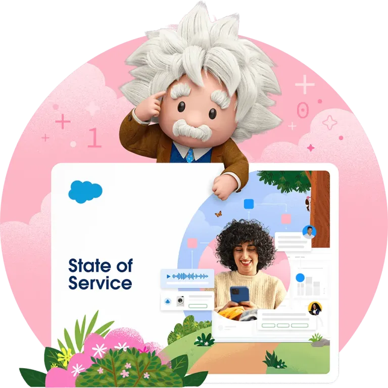 Salesforce Einstein standing behind a State of Service report graphic showing a customer support dashboard.