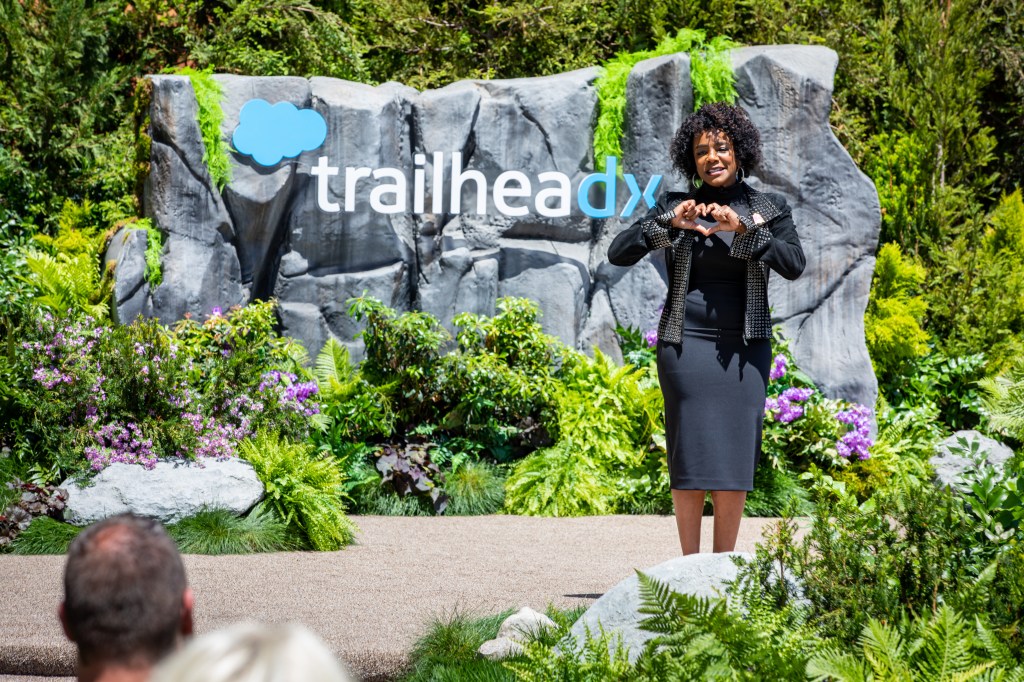 Leah McGowan Hare on stage at Salesforce Park for TrailheaDX