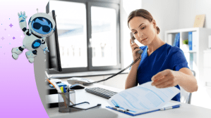 Health professional looking at paperwork while calling a patient