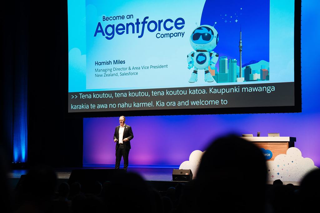 Hamish Miles Salesforce ANZ presents keynote at Agentforce Summit Auckland