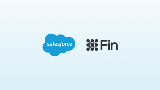 Salesforce and Fin company logos on a light blue gradient background.