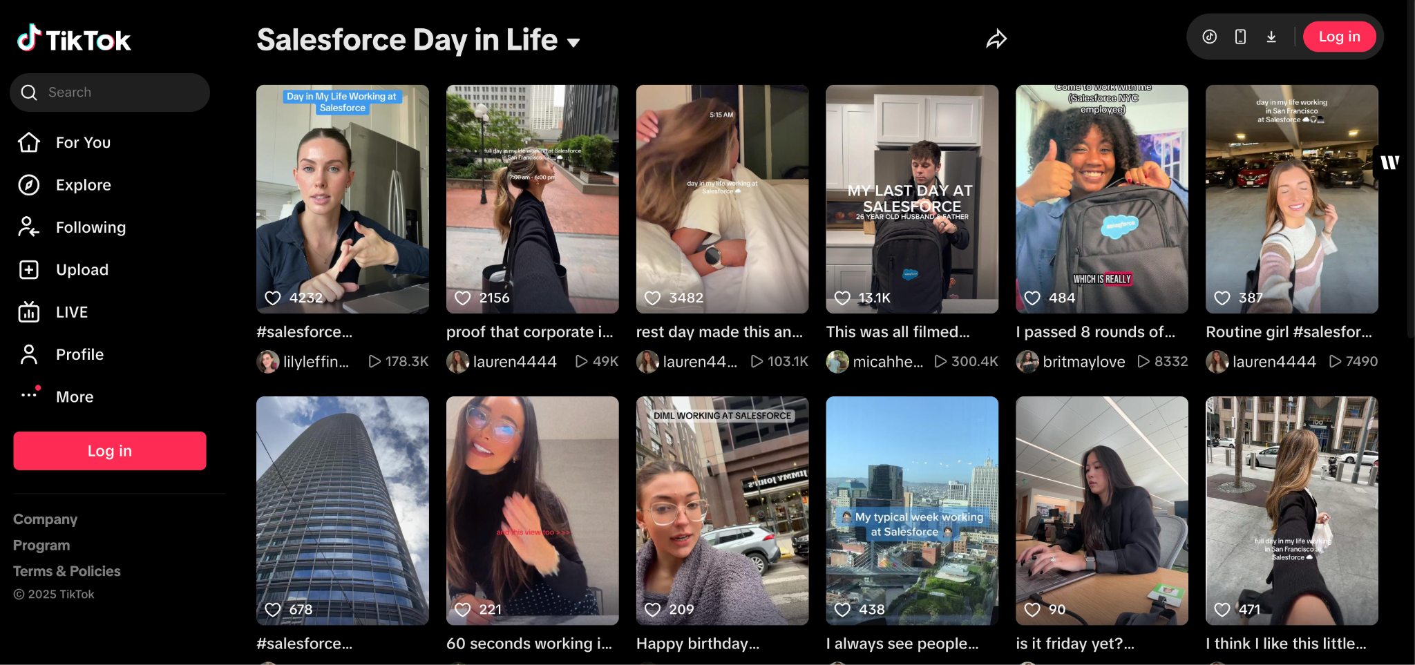 Alt: A dashboard showing Tik-Tok reels of “day in the life” working at Salesforce.