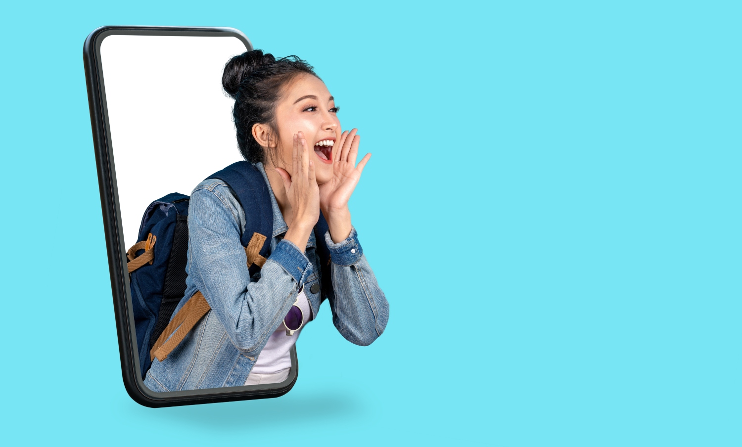 A woman popping through a mobile phone shouting out with a backpack on a blue background, signifying public relations for small business.