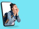 A woman popping through a mobile phone shouting out with a backpack on a blue background, signifying public relations for small business.