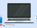 An illustration of a laptop with pencils and a coffee mug nearby.