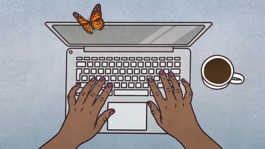 illustration of hands on a laptop with a butterfly and a cup of coffee
