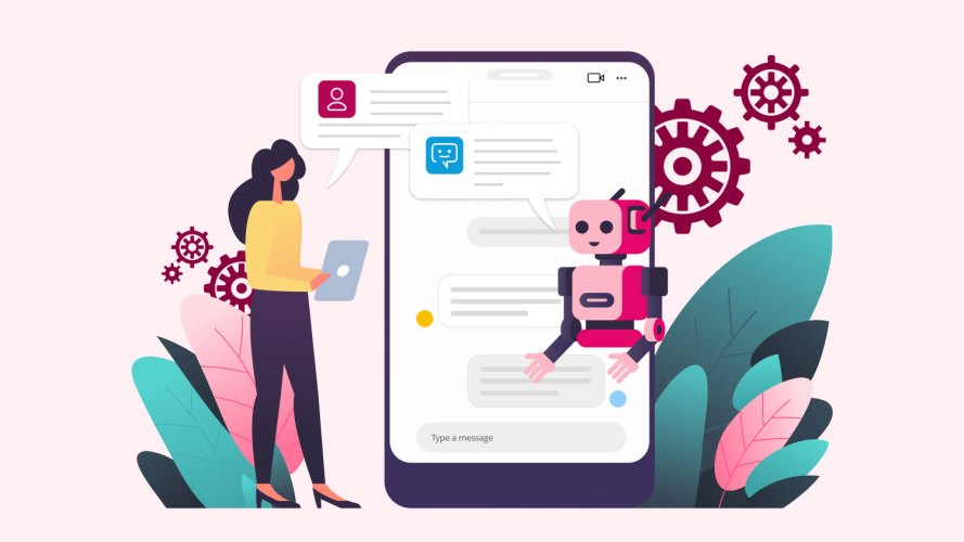 An illustration of a woman and chatbot robot using AI in customer service
