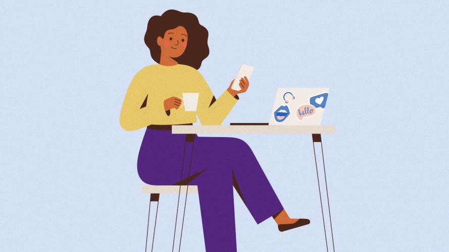 illustration of a customer sitting at a table using a laptop and phone
