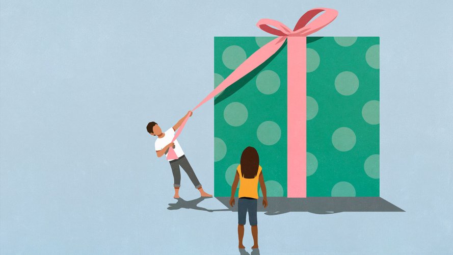 illustration of two people tying a bow on a very large gift. Giving Tuesday.