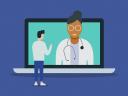 An animated virtual doctor, dressed in a white lab coat, pops out of a laptop screen to talk with a patient. / healthcare contact center
