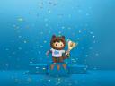 Salesforce character Astro stands atop a podium, holding a trophy and celebrating the Marketing Champions