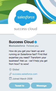 Success Cloud's Twitter handle is @asksalesforce