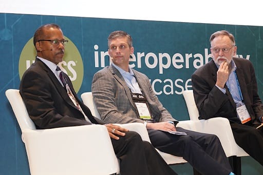 Lenel James of Blue Cross Blue Shield, Sean Kennedy of Salesforce, and Dr. David McCallie Jr., of Cerner Corporation, in panel HIMSS 2019