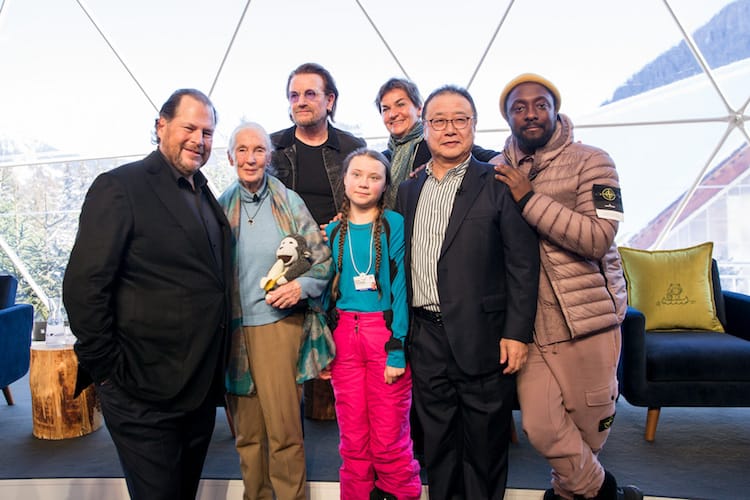 Photo of Marc Benioff, Jane Goodall, Bono, Christiana Figueres, Greta Thunberg, Kengo Sakurada, and Will.i.am. on Ocean Day at WEF Annual Meeting, Jan. 24.