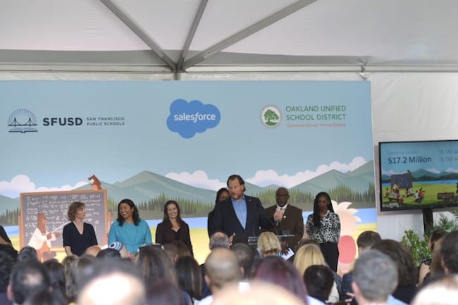 Marc Benioff speaks at a press conference at Presidio Middle School, thanking educators around the Bay Area