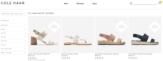 screen capture of Cole Haan's searchandizing query