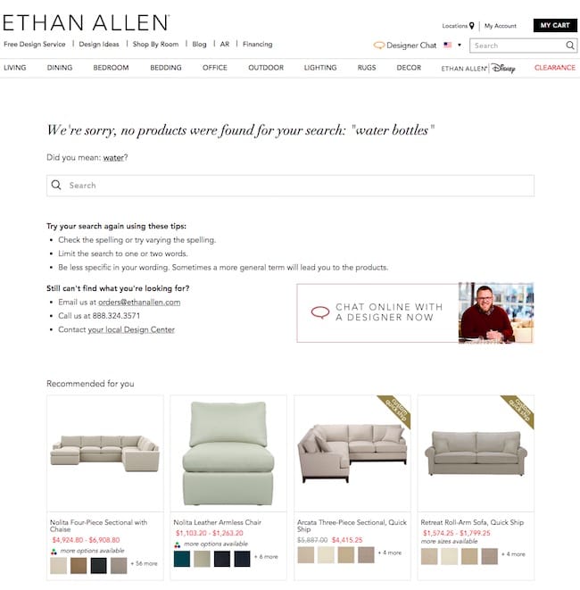 screenshot of a no-results page from the Ethan Allen site