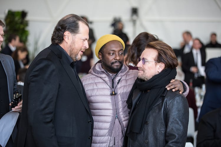 Photo of Marc Benioff, Will.i.am, and Bono at the Ocean Day lunch on Thursday, Jan. 24.