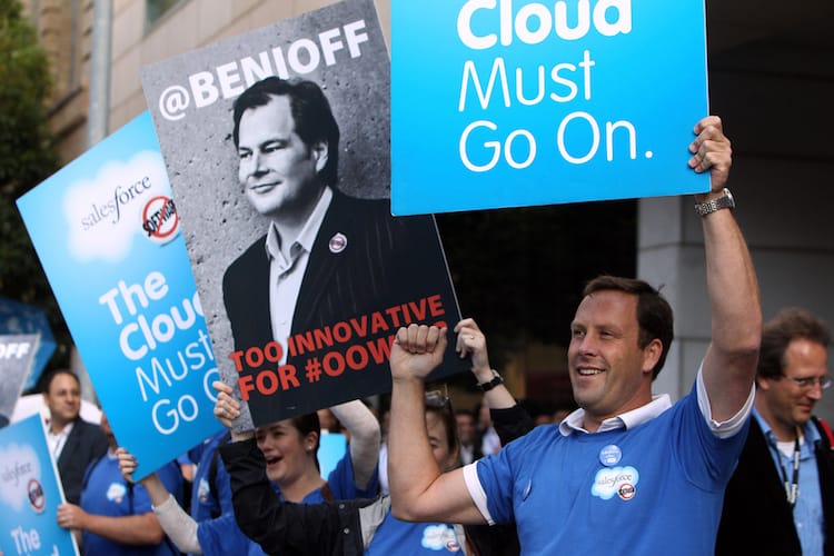 Photo of Salesforce colleagues at Oracle OpenWorld protest in 2011