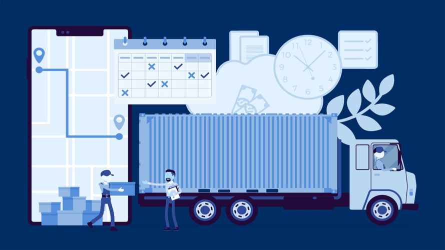 illustration of a delivery truck, packages, a clock, a calendar, and delivery people