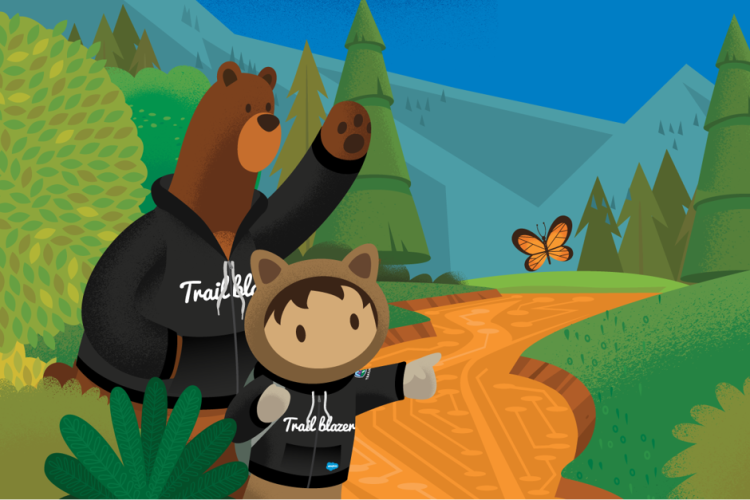 Salesforce characters Codey and Astro wearing hoodies that say "Trailblazer".