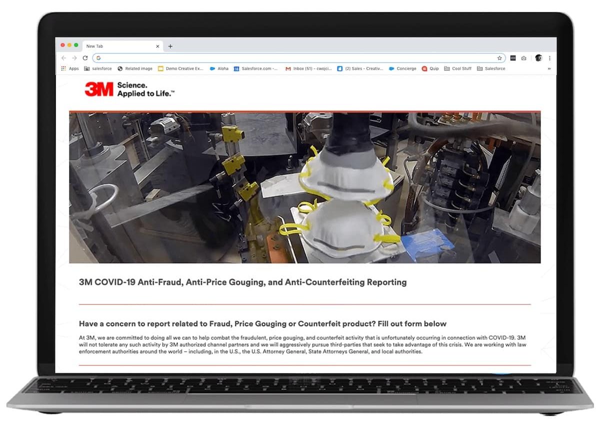 Laptop with 3M's site for reporting COVID-19 fraud, price-gouging, and counterfeit products