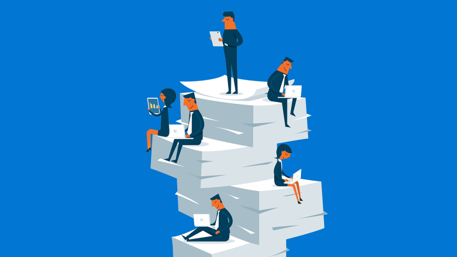 illustration of people sitting on stacks of paper