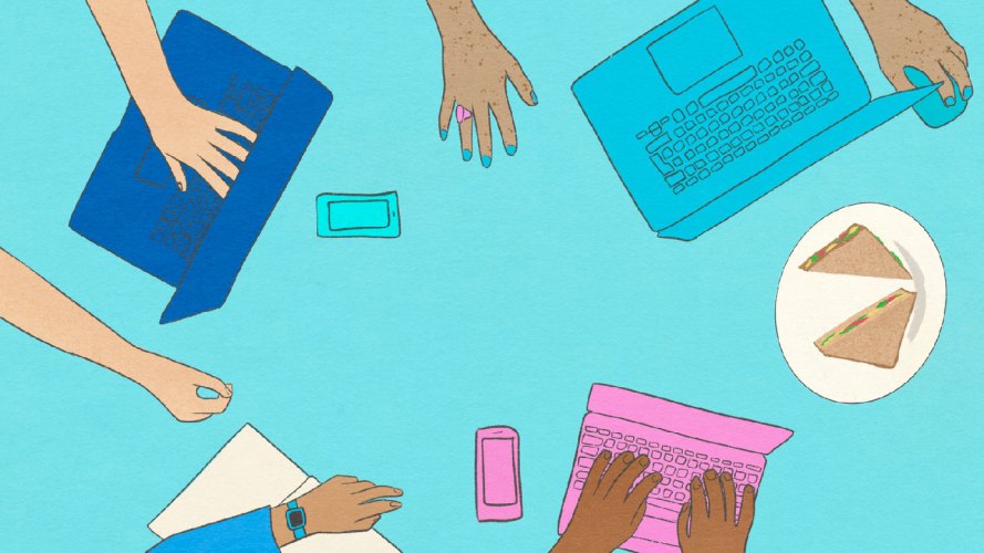 drawn hands and laptops on a blue background