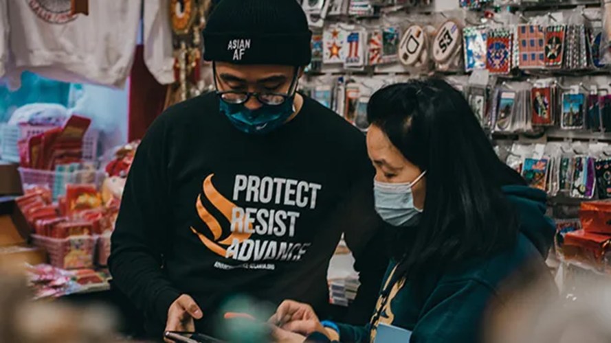 Forrest Liu, leader of San Francisco Asians in America, Inc., and community leaders patrolling and handing out PPE in Chinatown. | Photo Credit: Aaron Molo