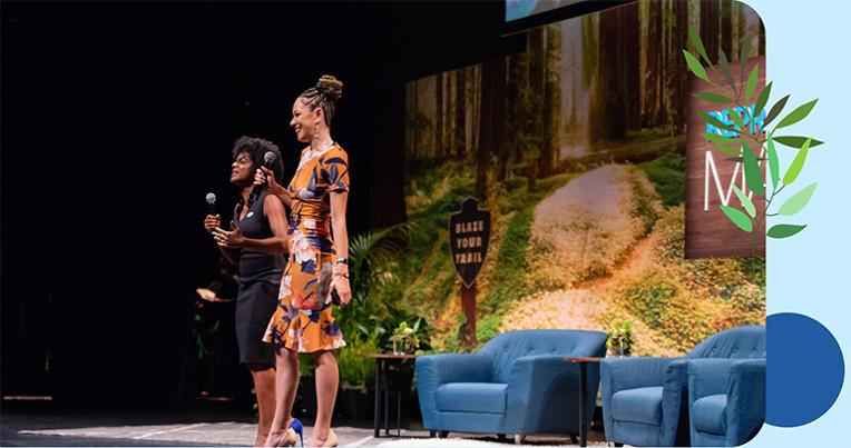 Alexandra (right) moderating at Representation Matters➚ in 2018 in San Francisco with Leah McGowen-Hare, Vice President, Trailhead Evangelism (left)